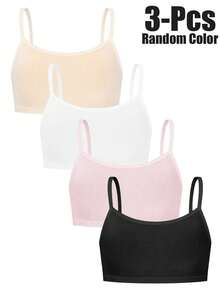 3pcs/Set Random Color Girls' Solid Breathable Camisole Undershirt, Girls' Puberty Training Bras, Spring/Summer - Multicolor - View 1