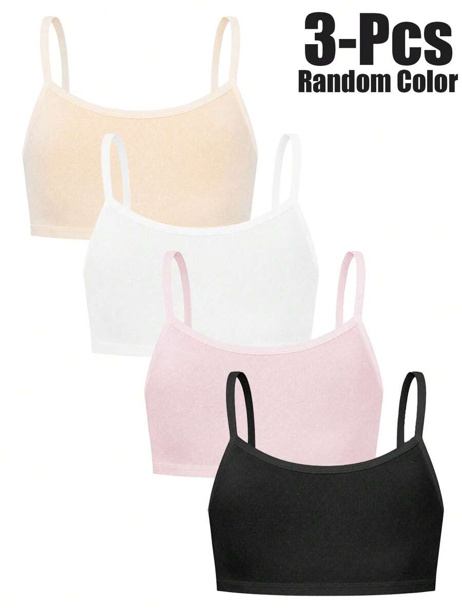 3pcs/Set Random Color Girls' Solid Breathable Camisole Undershirt, Girls' Puberty Training Bras, Spring/Summer - Multicolor - View 1