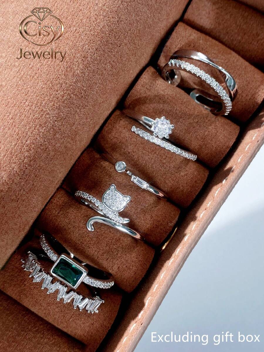 5pcs/Set Cute Cubic Zirconia Rings, Women's Wedding Anniversary Gift (Gift Box Not Included) - 1# - View 1