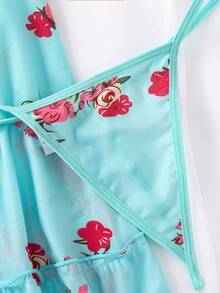 2pcs Sexy Lingerie Sleepwear Set, Includes Matching Thong, Exquisite Ruffle Hem, Vibrant Floral Pattern - Green - View 4