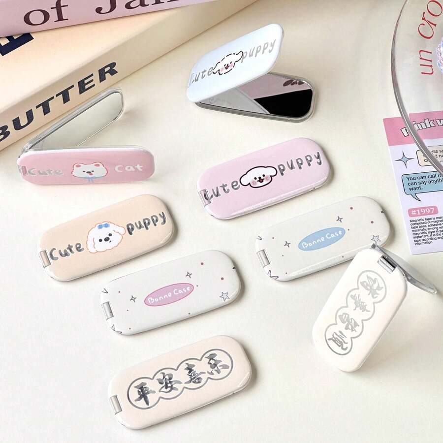 1pc Cute Cartoon Dog Adhesive Makeup Mirror Phone Stand, Foldable Horizontal & Vertical Mirror, Compact & Portable - Multicolor - View 1