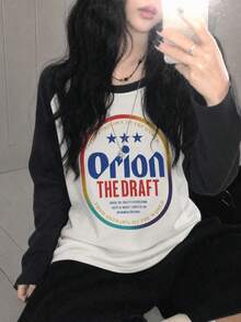 秋冬新款 Y2K「Orion」啤酒印花女款休閒日常落肩長袖圓領 T-shirt，韓風上衣 - 白色 - 查看 2