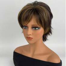 1pc High Temperature Fiber Elegant Fluffy Curly Short Hair Wig For Women, With Bangs, Rose Net Cap, Fashion Mixed Gold Brown Short Synthetic Wig - Brown - View 3