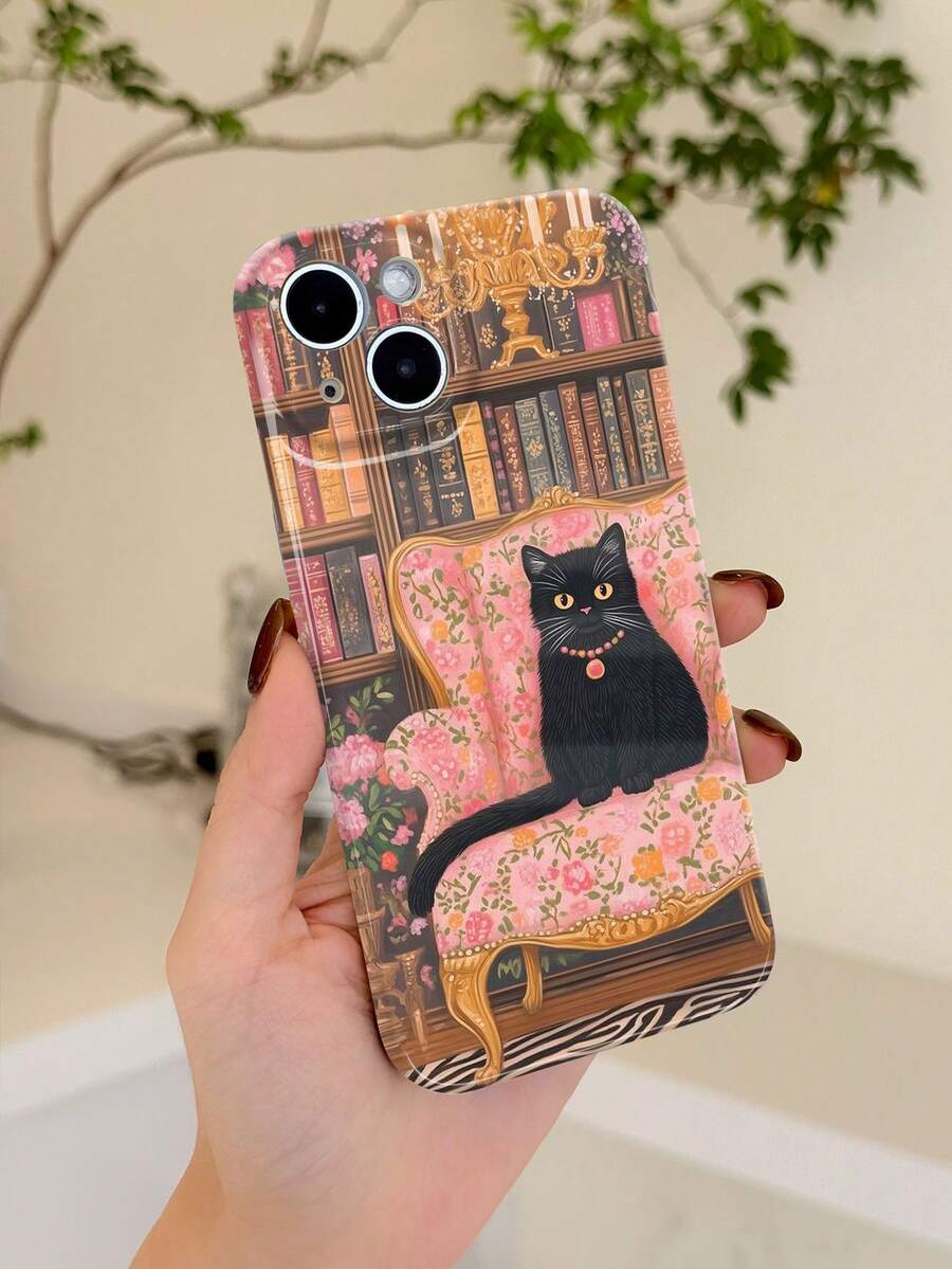 1pc Oil Painting Hand-Drawn Vintage British Study Cat Pattern Perforated Glossy Film Full Coverage Hard Phone Case Compatible With Samsung/ 11/12/13/14/15/16/17 Pro Max - Multicolor - View 1