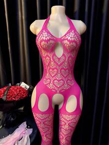 Women's Sexy Elastic Fishnet Cutout Design Halter Neck Bodysuit - Hot Pink - View 6