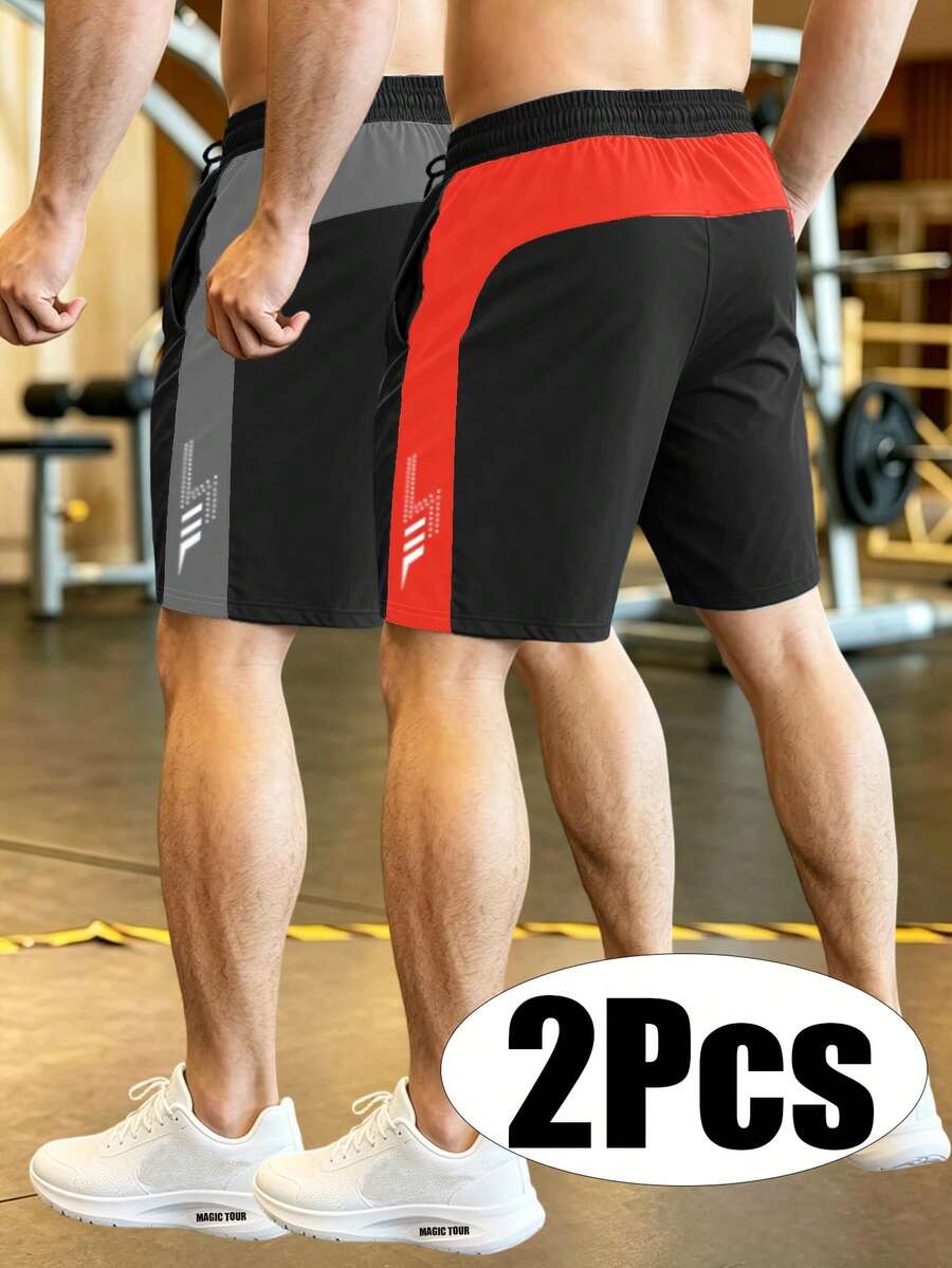 Men's 2pcs/Pack Dual-Tone Patchwork Gym Jogging Shorts, Sporty Casual Style, Minimalist Silhouette, Suitable For Casual Wear And Running Summer Outfits - Multicolor - View 1