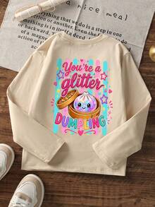 Tween Girls Long Sleeve Tee, You're A Glitter Dumpling Bamboo Steamer Back Graphic Print, Fall Winter Casual Daily Tops - Apricot - View 3