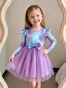 Young Girl Long Sleeve Fish Scale, Bow & Mesh Cute Dress - Dusty Purple - View 9