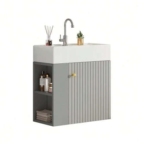 Bathroom Furniture Washbasin With Vanity Unit 55 Cm, Vanity Unit, Wall-Mounted Vanity Unit, Small Guest Bathroom Furniture - Grey - View 1