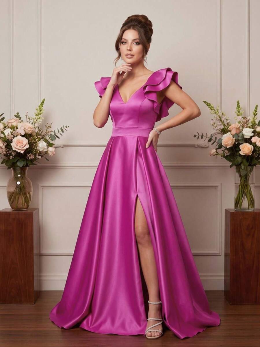 Grife Velasco Bridesmaid Dress Party Plain Long Elegant Graduation Slit Ruffle Sleeve - Rose Red - View 1