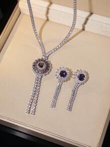 Conjunto de Joyas con Flor Azul y Circonita con Borlas, Collar y Aretes para Vestido de Noche y Novia, Set de 2 Piezas - Multicolor - Ver 7