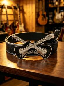 1pc Valentine's Day, Carnival, Halloween, Christmas, Birthday Gift, 3D Guitar Head Buckle Belt, Handmade Embossed Scroll Pattern PU Belt - Multicolor - View 15