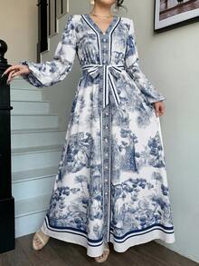 abyoxi 女款海軍藍長袖V領單排扣收腰A字長洋裝，復古優雅，適合假期正式場合晚宴，夏秋長洋裝 - 藏蓝色 - 查看 3