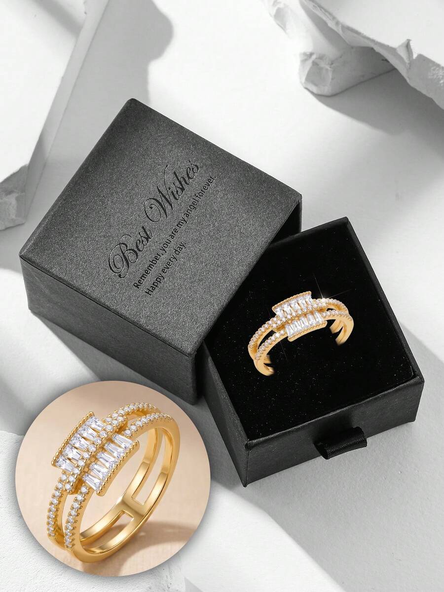 Gift Box Style Luxurious Sparkling Fully Pave Cubic Zirconia Ring, Shining Geometric Jewelry, Suitable For Women's Wedding Party And Holiday Gift - Gold - View 1
