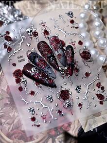Red Rose Skull & Thorns 5D Embossed Nail Stickers, Dark Gothic Blood Red Rose & Cross Subculture Cool Spicy Long Wearable Nail Decor - Multicolor - View 4