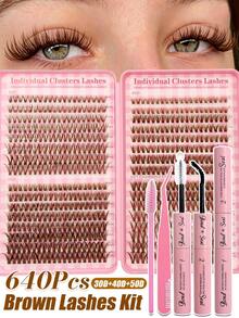 Sibeuna 640pcs Brown Eyelash Clusters Set 30D+40D+50D Fluffy Soft Brown False Eyelashes, Includes Eyelash Glue & Sealer, Tweezers, Eyelash Brush Set, Eye-Catching Makeup Eyelash Extensions, Large Capacity Eyelash Set, Suitable For Beginners, Travel Essential - Multicolor - View 1