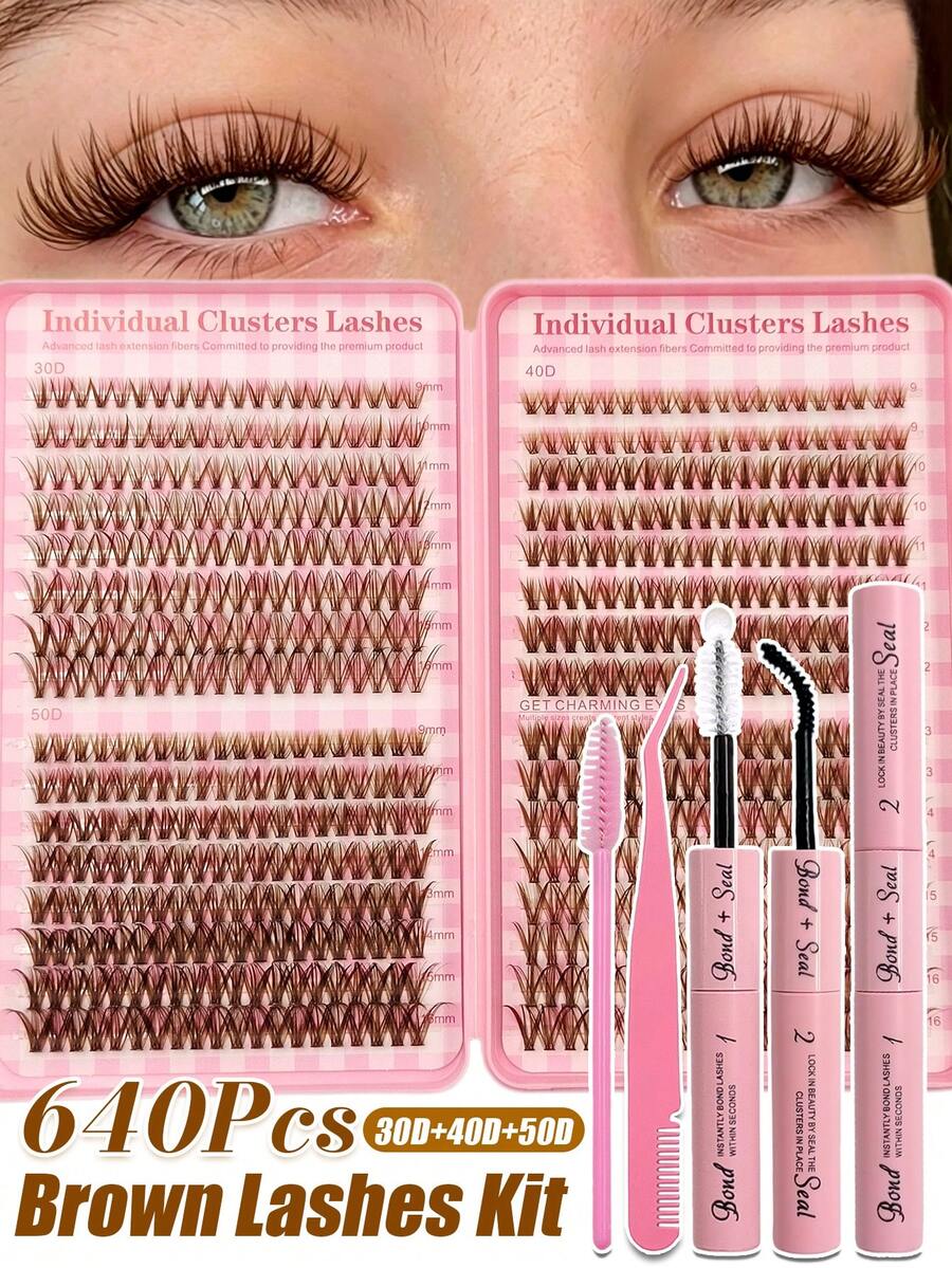 Sibeuna 640pcs Brown Eyelash Clusters Set 30D+40D+50D Fluffy Soft Brown False Eyelashes, Includes Eyelash Glue & Sealer, Tweezers, Eyelash Brush Set, Eye-Catching Makeup Eyelash Extensions, Large Capacity Eyelash Set, Suitable For Beginners, Travel Essential - Multicolor - View 1