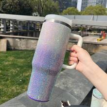 40oz 水鑽大容量車用杯附手把，附蓋與吸管保溫隨行杯，冰飲杯、派對杯，不鏽鋼保溫水瓶，咖啡馬克杯，防翻倒保溫水瓶，節日必備，露營與海灘用品 - 彩色 - 查看 21