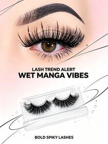 1對 Wet Lash 漫畫風假睫毛，尖銳蓬鬆仿貂毛條狀睫毛，顯眼豐盈可重複使用，適合 Cosplay 眼妝 (N2) - 黑色 - 查看 1