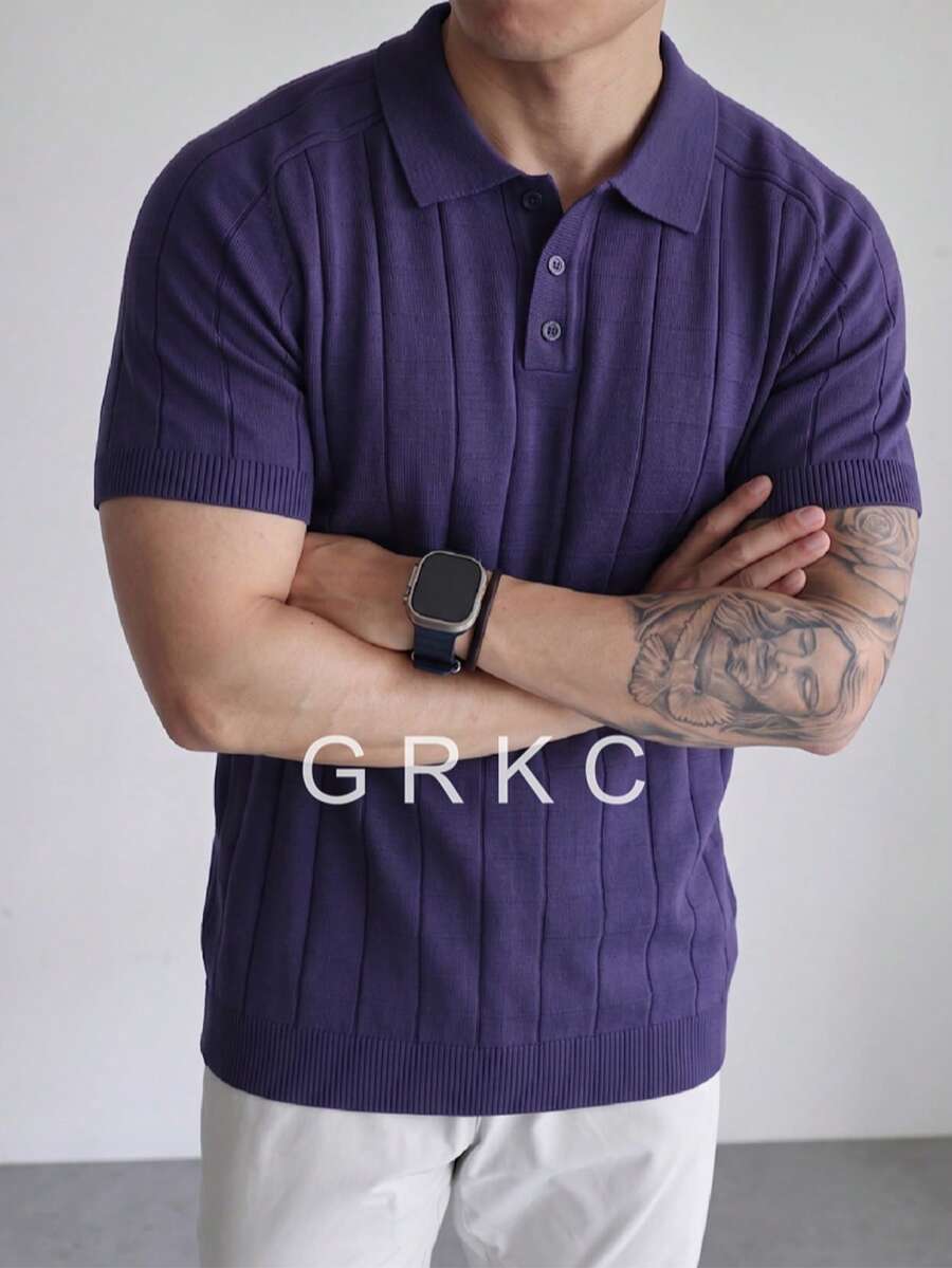 GRKC Men's Knit Polo Shirt, Short Sleeve, Urban Mature Style, Solid Color With Vertical Ribbed Texture, Slim Fit, Spring/Summer Fashion T-Shirt - Royal Blue - View 1