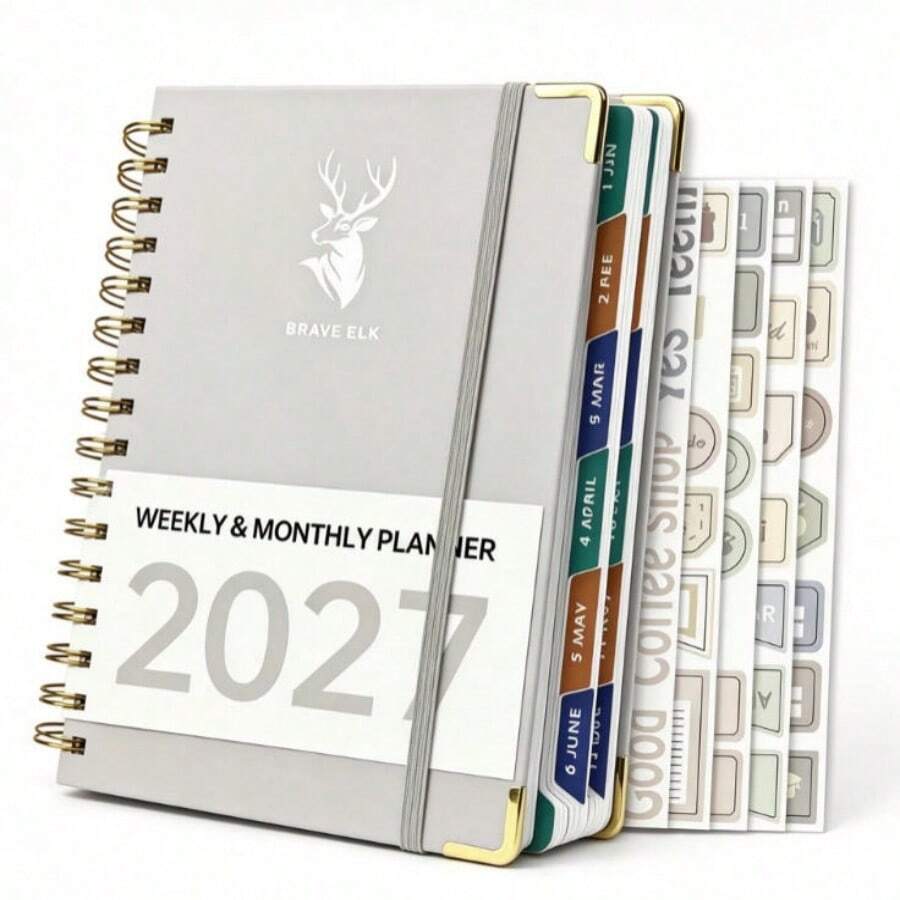 2027 English Calendar Book With 5 Stickers, 320-Page Thick Weekly Planner, PU Cover, Inner Pages Include Personal Information, 2027 Calendar, Monthly Plan, Weekly Plan, 365-Day Daily Plan, Suitable For Christmas, Thanksgiving, Birthday Small Gifts - One Size Fits All - View 1
