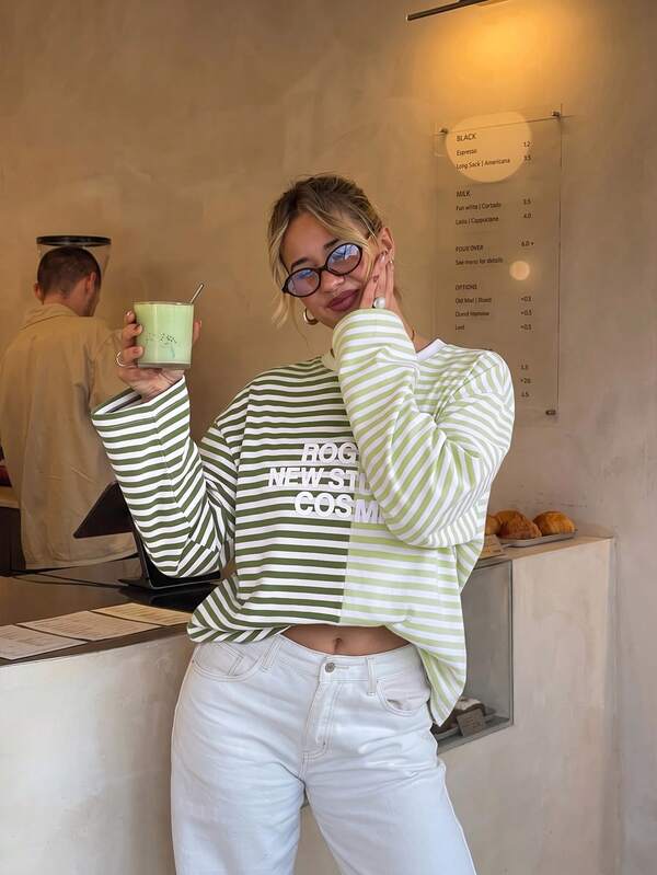 Women's Color Block Striped Crew Neck Long Sleeve Letter Print T-Shirt, Loose Casual Daily Streetwear Top