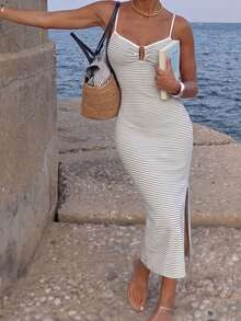 Striped Ribbed Spaghetti Strap Midi Dress, Women's Hollow Front Cutout Side Slit Bodycon Vacation Dress Elegant Summer - Black and White - View 2