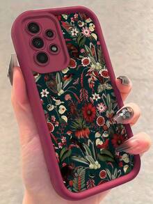 1pc Dark Green Plant & Floral Print Phone Case, Burgundy Leather Frame Shockproof Soft TPU Protective Cover, Compatible With GALAXY, HONOR, Phones - Burgundy - View 3