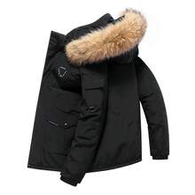 Men's Detachable Faux Fur Hood Workwear Parka Jacket, Winter Short Multi-Pocket Outdoor Windproof Thick Hooded Coat - Black - View 9