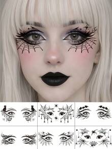 6pcs Gothic Spider Web Face Eyeliner Temporary Tattoo Stickers, Waterproof Halloween Bat Temporary Tattoos, Realistic Eyeshadow Makeup Stickers, Suitable For Halloween Party Holiday Cosplay Accessories - Black - View 9