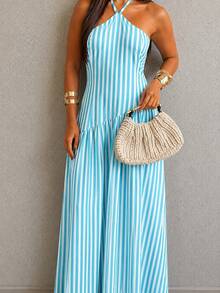 Women Long Dresses - Rayas azul turquesa - Ver 2