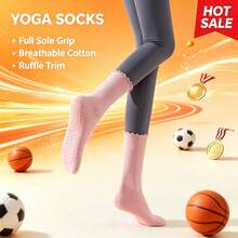 2/5 Pairs Women's Random Mixed Color Ruffle Mid-Calf Yoga Socks, Full Sole Silicone Non-Slip Cotton Breathable Pilates Fitness Dance Floor Socks - 5 Pairs Of Random - View 2