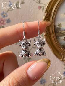 1 Pair Highland Cow Pattern Black Plated Enamel Earrings Jewelry Women Anniversary Birthday Gift - Antique Silver - View 1