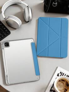 1件透明壓克力 Y-Fold 海軍藍平板保護殼，相容 iPad Mini6/7/Air/Air2/9.7/10.2/10.5/10.9 (Air4-Air8)/Pro 11/10th Gen/A16/Pro 11 2024，全透明壓克力背殼，絲綢紋理 8-Fold 翻蓋，可調支架，自動休眠/喚醒，內建筆槽，不含筆，部分機型附相機框 - 海藍色 - 查看 1
