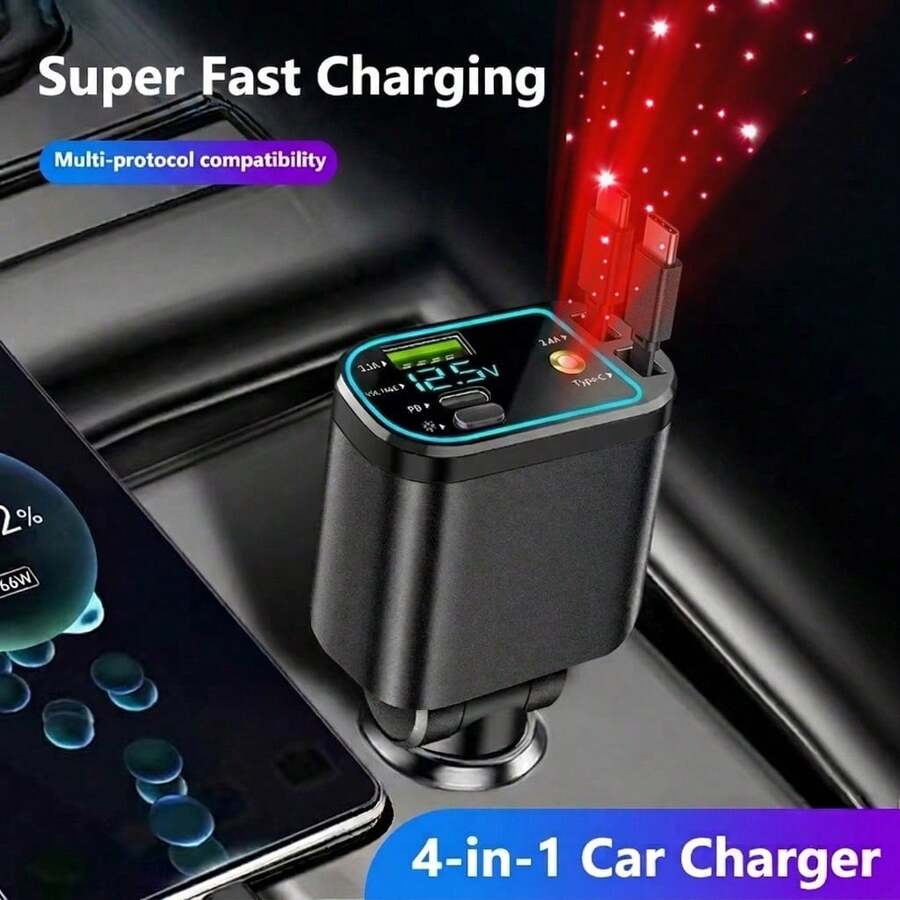 شاحن سيارة 4 في 1 بتصميم نجمي، شاحن سيارة سريع 120 واط، محول شاحن سيارة USB-C، إكسسوار سيارة مع بطانية سيارة نجمي، شاحن هاتف سيارة بمنفذ USB، قابس قابل للتعديل بزاوية 180° - الأسود - مشاهدة 1