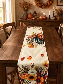 Autumn Harvest Pumpkin Table Runner, Autumn Maple Leaf Sunflower Linen Texture Table Runner, Thanksgiving Harvest Farmhouse Style Dining Room Decor, Suitable For Home Kitchen Party - B - View 2