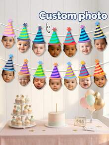Custom Baby Face Birthday Banner,Rainbow Stripe Party Hat Garland,Milestone Birthday Photograph Backdrop,First Birthday Party,Family Gift,Baby Shower - Multicolor - View 2