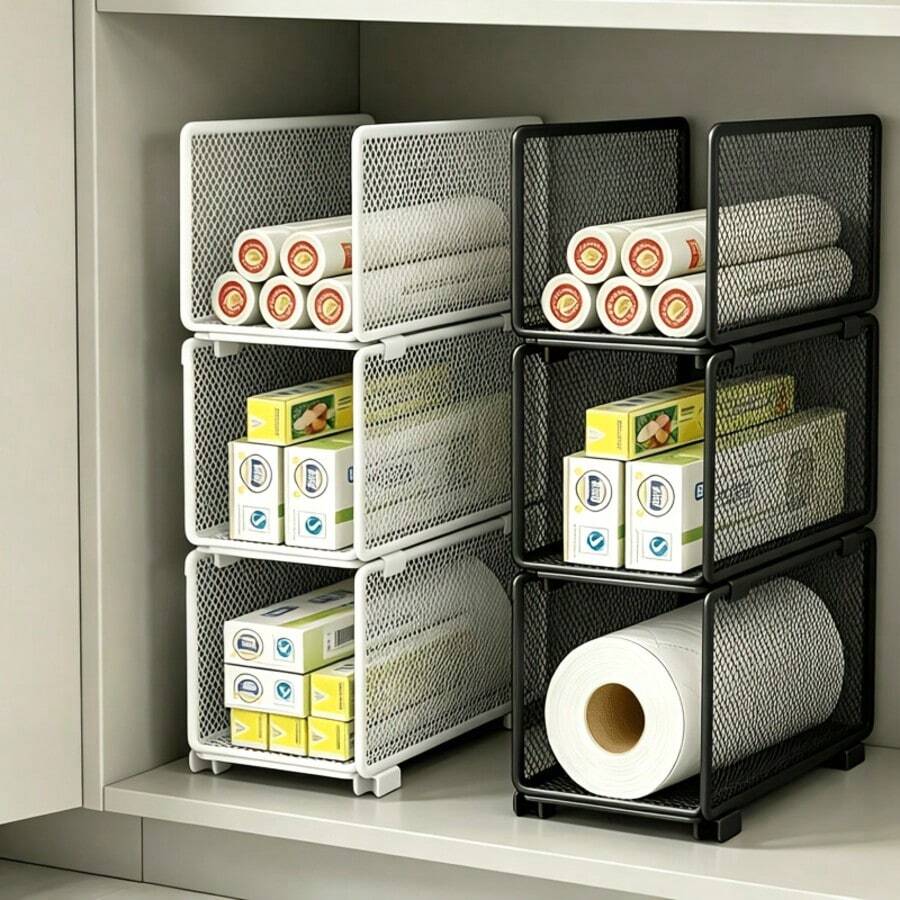 Multifunctional Kitchen Storage Rack, Stackable Tiered Deep Cabinet Organizer With Paper Towel Holder, Plastic Wrap & Dispenser, Spice & Seasoning Storage Box, Kitchen Essentials & Decor, Pantry Organization, Apartment Essentials
