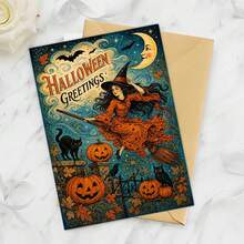 1 Greeting Card + 1 Envelope Mystical Halloween Greeting Card, Witch Flying On Broomstick "Halloween Greetings", Perfect For Friends, Spooky Autumn Vintage Art Style. - View 9