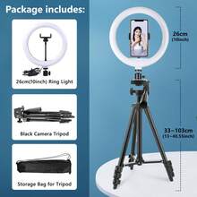 10 Inch/26CM Ring Light With Stand, LED Selfie Ring Light With Extendable Tripod Stand & Phone Holder For Live Stream/Makeup/Video,Compatible With All Phones - Black and White - View 12
