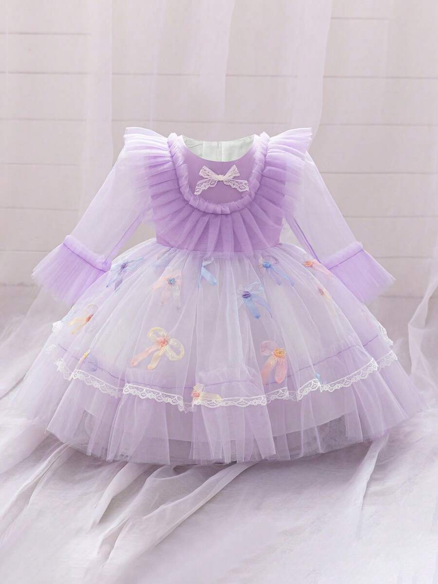 Baby Girls Long Sleeve Multi-Color Bow Tulle Cute Birthday Dress, Fabric Floral Pattern Random Cut, Headband Not Included - Mauve Purple - View 1