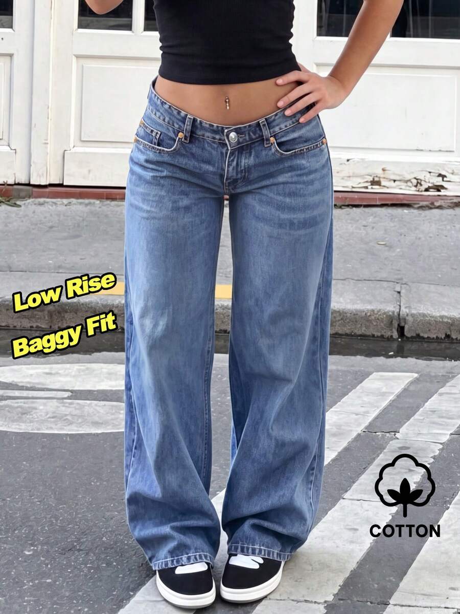 MYOURSA Loose Low-Waist Wide-Leg Jeans Y2K Casual Campus Street Style Autumn Fall - Medium Wash - View 1