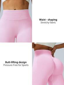 Women's Pink Colorblock Fitness Leggings, Ribbed Waist Butt-Lifting Shaping, Suitable For Gym Yoga Running, Autumn/Winter Sportswear - Pink - View 4
