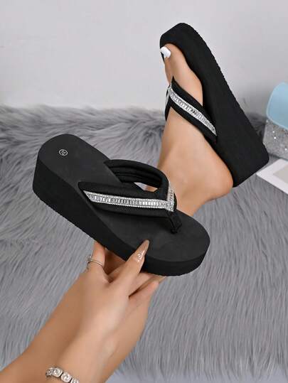 Black Square Rhinestone V-Shaped Wedge Flip Flops, Fabric Full Rhinestone Thong Sandals, Slimming Heightening Women Slippers For Indoor & Outdoor