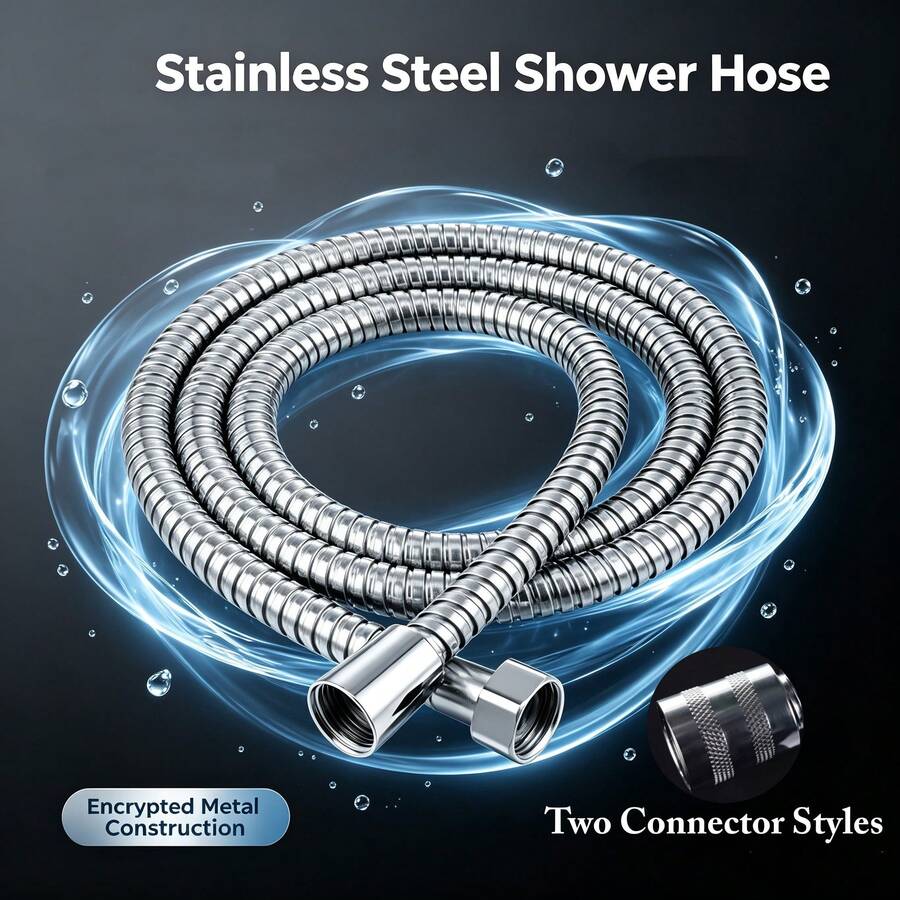 1pc 150/200CM Stainless Steel Explosion-Proof Shower Hose, Flexible Encrypted Bathroom Shower Water Pipe Extension Tube, Universal Bathroom Accessories Two Types Of Connector Styles Are Shipped Randomly. - Stainless Steel Reinforced - View 1