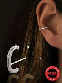 1pc S925 Sterling Silver Personalized Exquisite Fashion Niche Design Inlaid Rhinestone Geometric E-Shaped Stud Earrings For Women, Minimalist Elegant Luxury High-End Cold Style Ins Versatile Ear Cartilage Studs, Stackable Unique Party Jewelry - E Shape - View 13