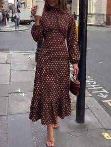 Women's Polka Dot Casual Party Dress - Brown - View 6