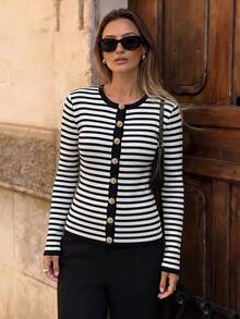 Women's Long Sleeve Front Button-Down Single Button Striped Pattern Detail Round Neck Elegant Casual Blouse, Suitable For All Seasons Fall - Multicolor - View 4