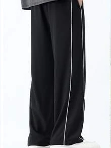 Men's Contrast Color Drawstring Waist Casual Daily Travel Long Pants - Black - View 3