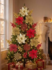 10pcs/60pcs 1 Set Christmas Artificial Poinsettia Flower Stems With Clips, Glitter Faux Flower Decor, DIY Christmas Tree Hanging Ornaments, Holiday Home Decoration, Suitable For Wreaths, Garlands, Tabletop Arrangements, Winter Indoor, Farmhouse Windowsill Fireplace Holiday Decor - Multicolor - View 3